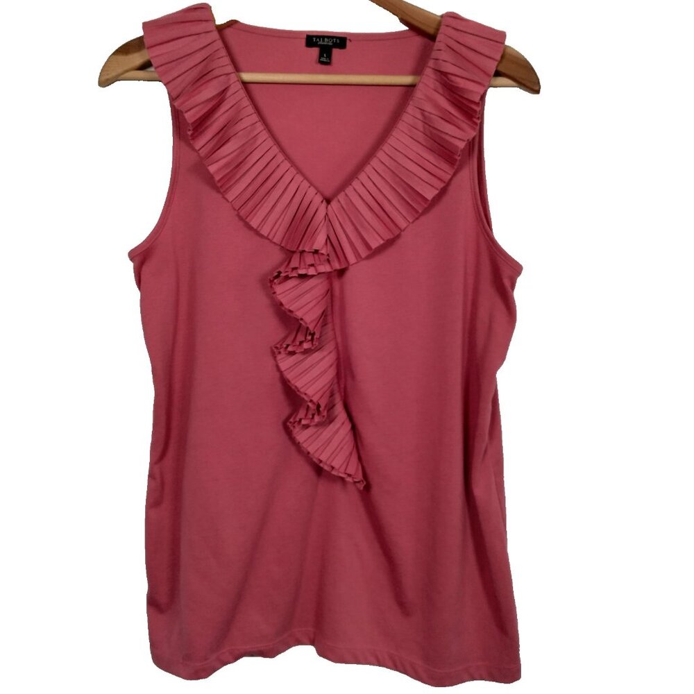 Talbots Tank Top Size Large Pink Rose Pleated Trim V Neck Pastel Beachy Feminine